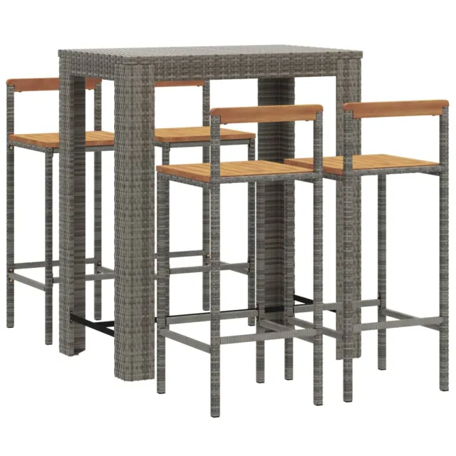 Ensemble de bar jardin 5 pcs gris poly rotin/bois massif acacia