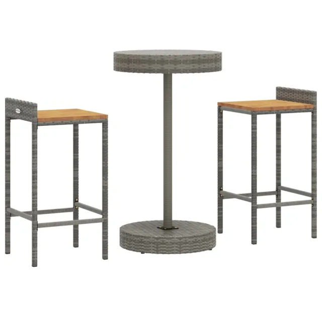 Ensemble de bar jardin 3 pcs gris poly rotin/bois massif acacia