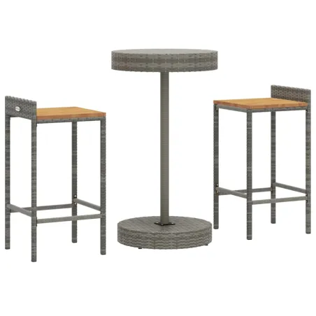 Ensemble de bar jardin 3 pcs gris poly rotin/bois massif acacia