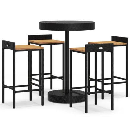 Ensemble de bar jardin 5 pcs noir poly rotin/bois massif acacia 2