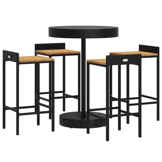 Ensemble de bar jardin 5 pcs noir poly rotin/bois massif acacia