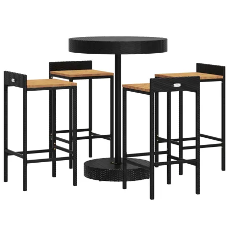 Ensemble de bar jardin 5 pcs noir poly rotin/bois massif acacia