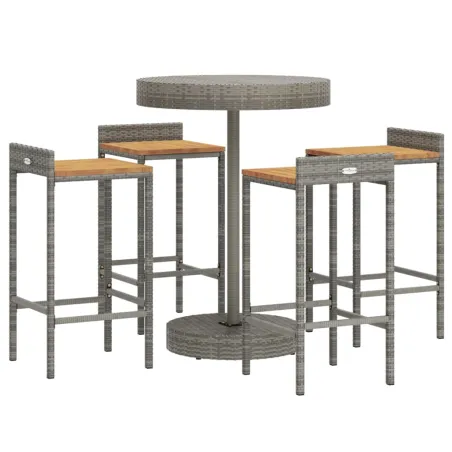 Ensemble de bar jardin 5 pcs gris poly rotin/bois massif acacia