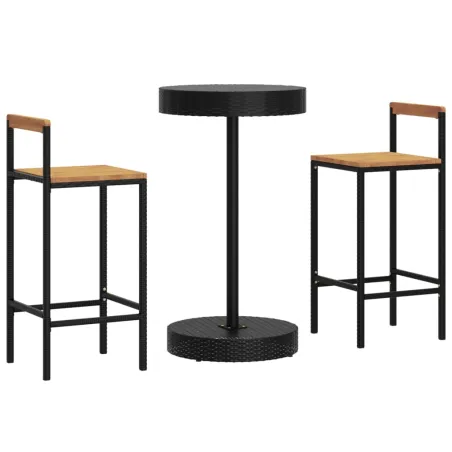 Ensemble de bar jardin 3 pcs noir poly rotin/bois massif acacia
