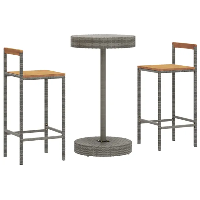 Ensemble de bar jardin 3 pcs gris poly rotin/bois massif acacia