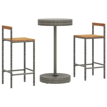 Ensemble de bar jardin 3 pcs gris poly rotin/bois massif acacia