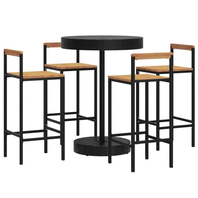 Ensemble de bar jardin 5 pcs noir poly rotin/bois massif acacia