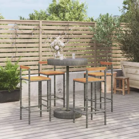 Ensemble de bar jardin 5 pcs gris poly rotin/bois massif acacia