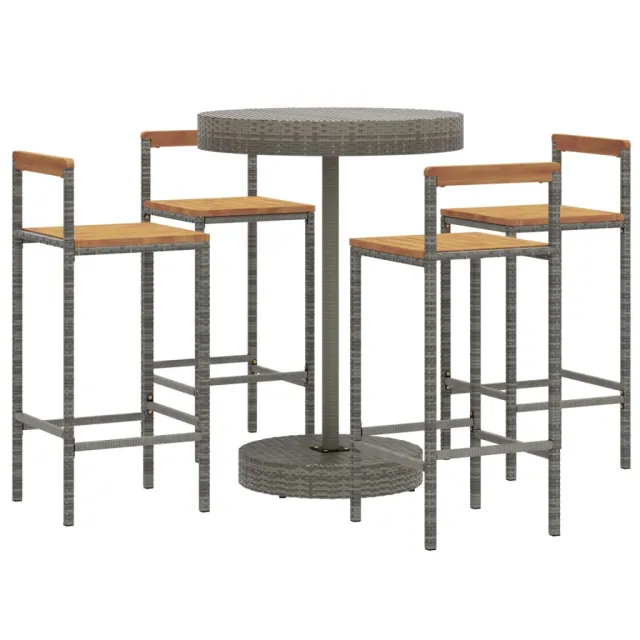 Ensemble de bar jardin 5 pcs gris poly rotin/bois massif acacia