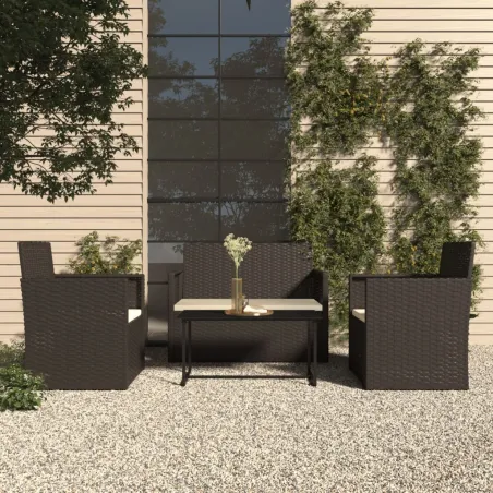 Mobilier d'extérieur 4 pcs avec coussins Résine tressée Noir