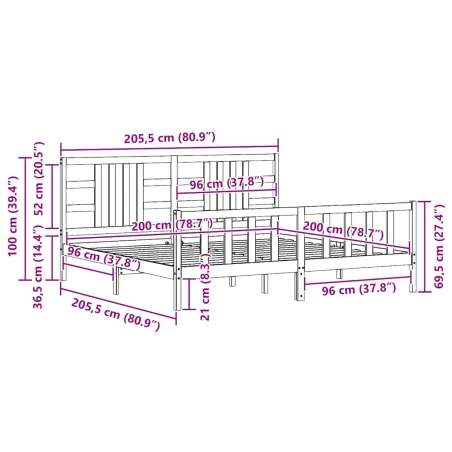 Cadre de lit sans matelas gris 200x200 cm bois massif de pin