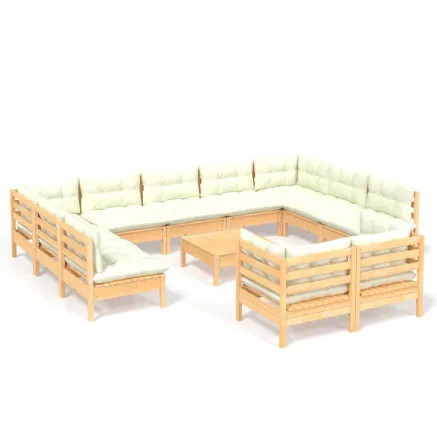 Salon de jardin 12 pcs avec coussins crème Bois de pin massif 2