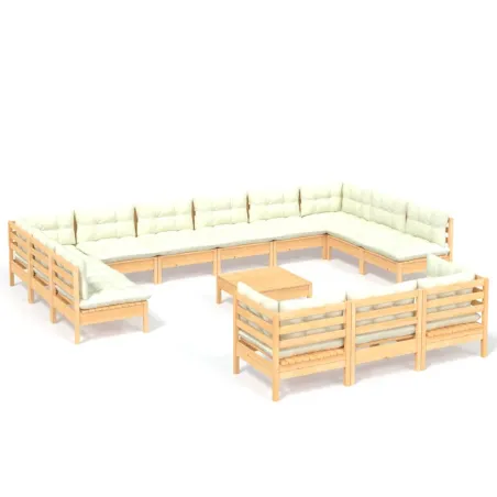 Salon de jardin 14 pcs avec coussins crème Bois de pin