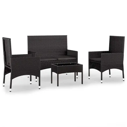 Salon de jardin 4 pcs avec coussins Noir Résine tressée 2