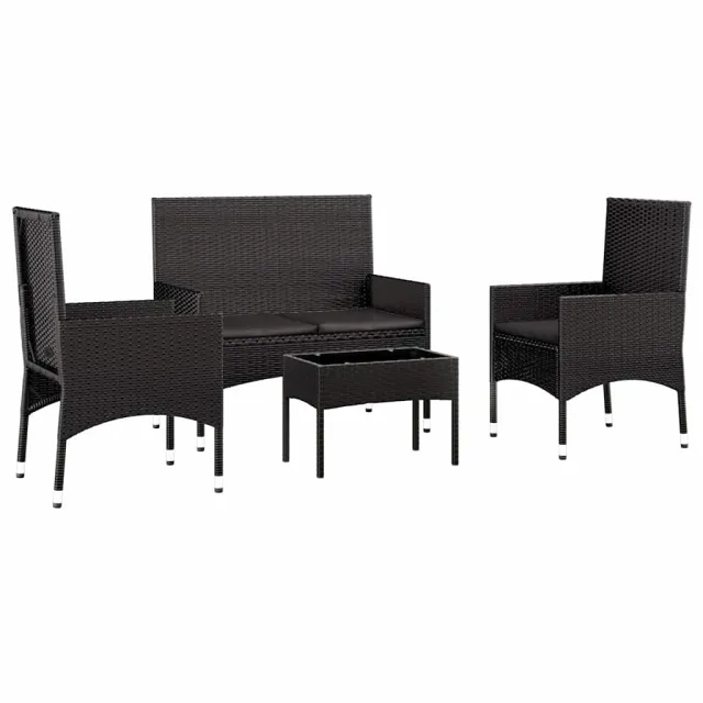 Salon de jardin 4 pcs avec coussins Noir Résine tressée