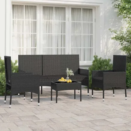 Salon de jardin 4 pcs avec coussins Noir Résine tressée