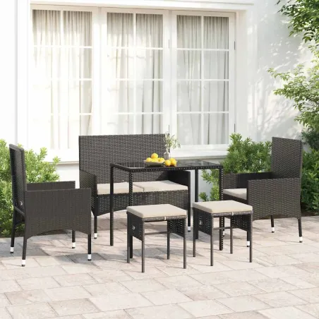 Salon de jardin 6 pcs avec coussins Noir Résine tressée