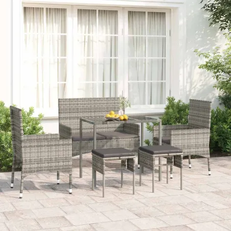Salon de jardin 6 pcs avec coussins Gris Résine tressée