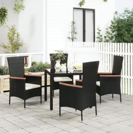 Chaises de jardin lot de 4 avec coussins Résine tressée Noir