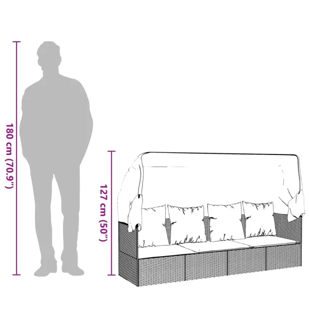 Lit de salon d'extérieur toit et coussins Noir Résine tressée