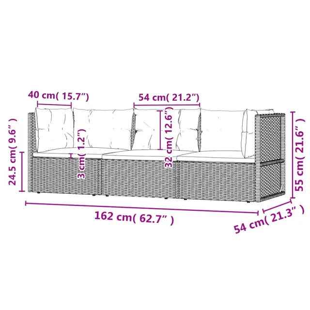 Salon de jardin 3 pcs avec coussins Gris Résine tressée