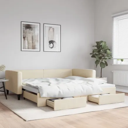 Lit de jour avec gigogne et tiroirs crème 100x200 cm tissu
