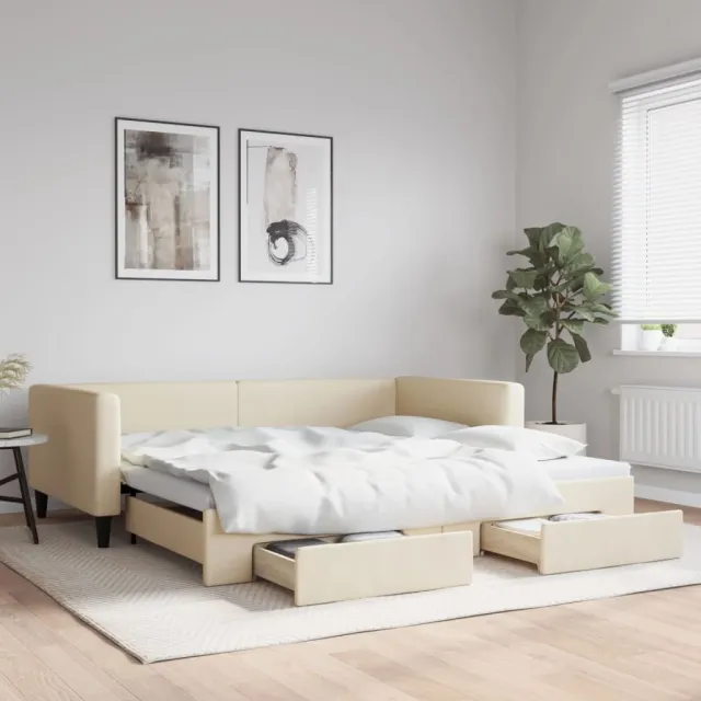 Lit de jour avec gigogne et tiroirs crème 100x200 cm tissu