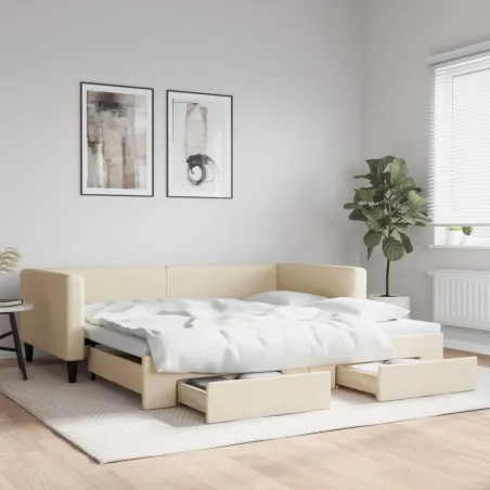 Lit de jour avec gigogne et tiroirs crème 100x200 cm tissu