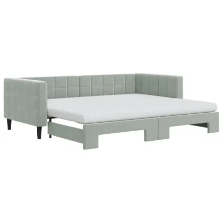 Lit de jour avec gigogne et matelas gris clair 90x200cm velours 2