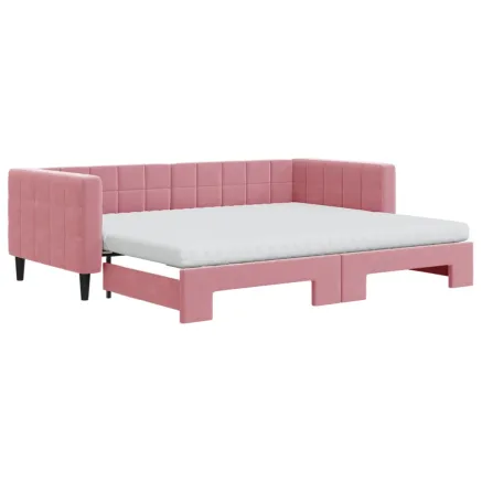Lit de jour avec gigogne et matelas rose 90x200 cm velours 2