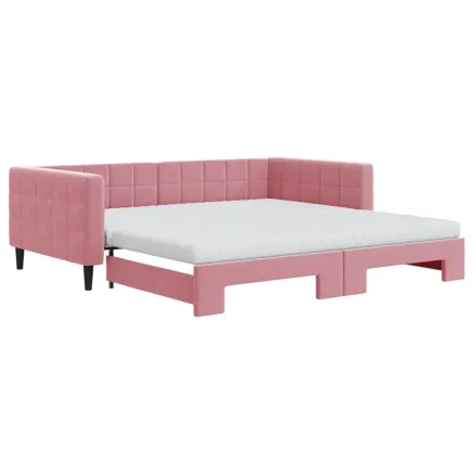 Lit de jour avec lit gigogne et matelas rose 100x200 cm velours 2