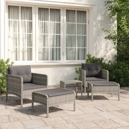 Salon de jardin 5 pcs avec coussins Gris Résine tressée