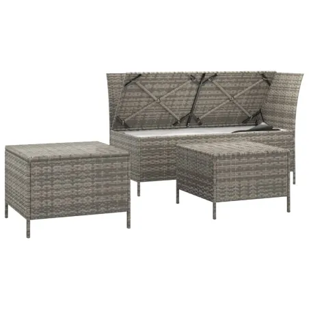 Salon de jardin 3 pcs avec coussins Gris Résine tressée