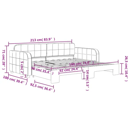 Lit de jour avec gigogne sans matelas gris foncé 90x190 cm
