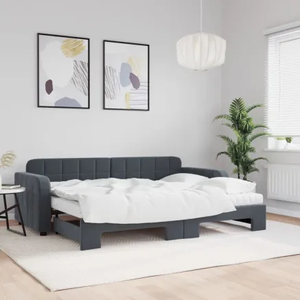 Lit de jour avec gigogne et matelas gris foncé 80x200cm velours