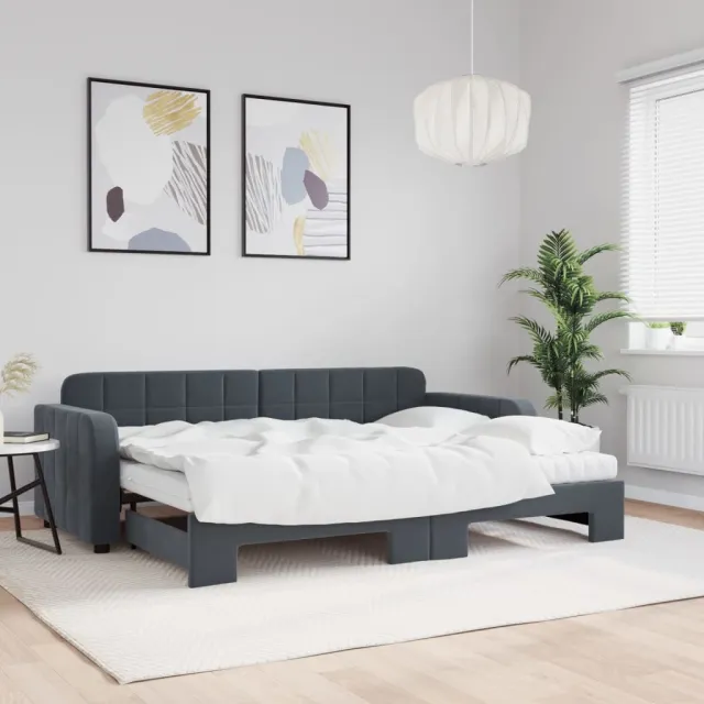 Lit de jour avec gigogne et matelas gris foncé 80x200cm velours