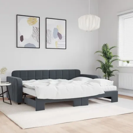 Lit de jour avec gigogne et matelas gris foncé 80x200cm velours