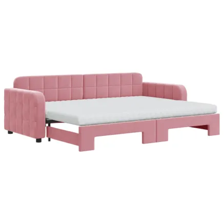 Lit de jour avec lit gigogne et matelas rose 80x200 cm velours 2