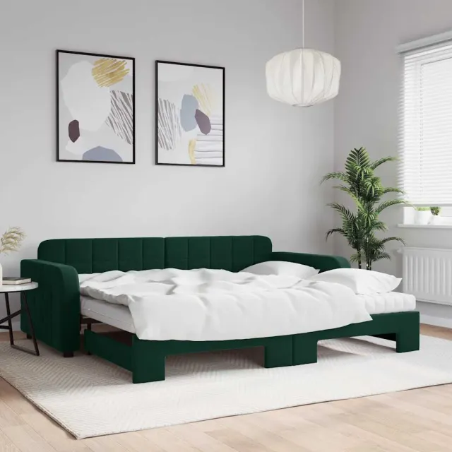 Lit de jour avec gigogne et matelas vert foncé 90x200cm velours