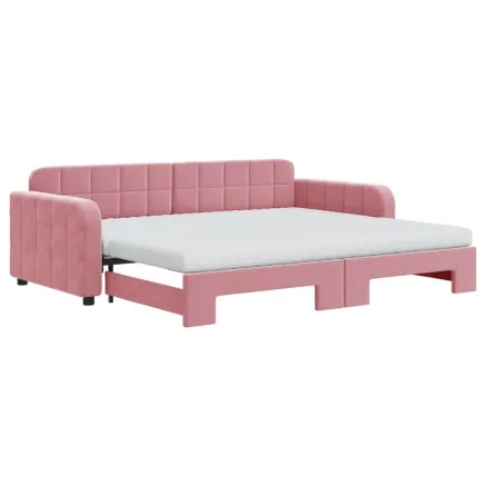 Lit de jour avec gigogne et matelas rose 90x200 cm velours 2