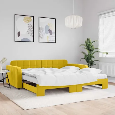 Lit de jour avec gigogne et matelas jaune 100x200 cm velours