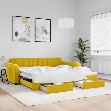 Lit de jour avec gigogne et tiroirs jaune 100x200 cm velours