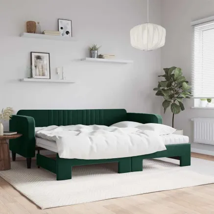 Lit de jour avec gigogne et matelas vert foncé 90x200cm velours