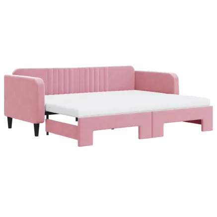 Lit de jour avec gigogne et matelas rose 90x200 cm velours 2