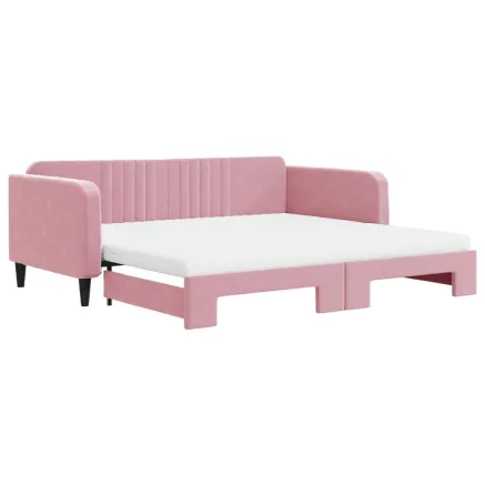 Lit de jour avec lit gigogne et matelas rose 100x200 cm velours 2