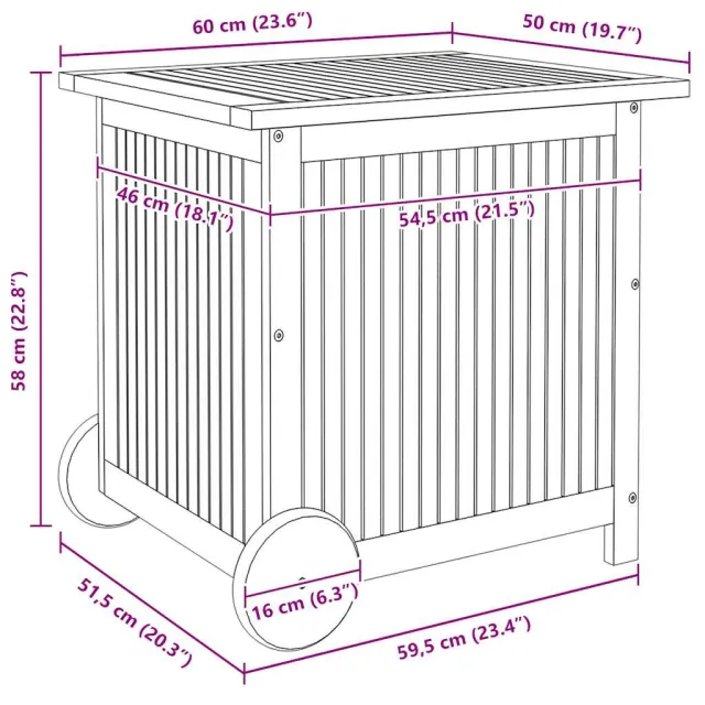 Boîte de rangement de jardin avec roues 60x50x58 cm Bois acacia