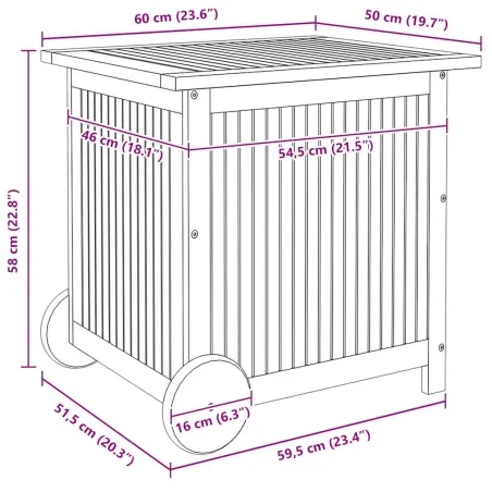 Boîte de rangement de jardin avec roues 60x50x58 cm Bois acacia