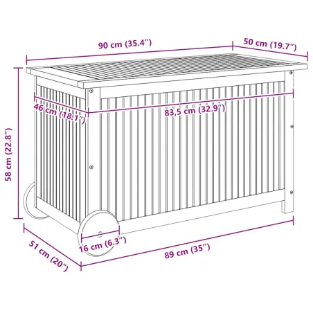 Boîte de rangement de jardin avec roues 90x50x58 cm Bois acacia