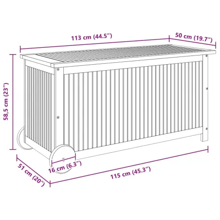 Boîte de rangement de jardin avec roues 113x50x58cm Bois acacia