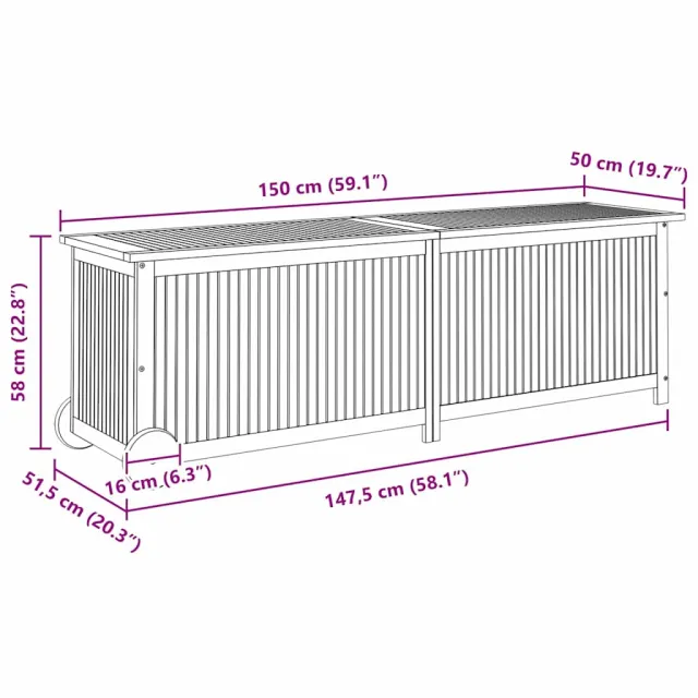 Boîte de rangement de jardin avec roues 150x50x58cm bois acacia